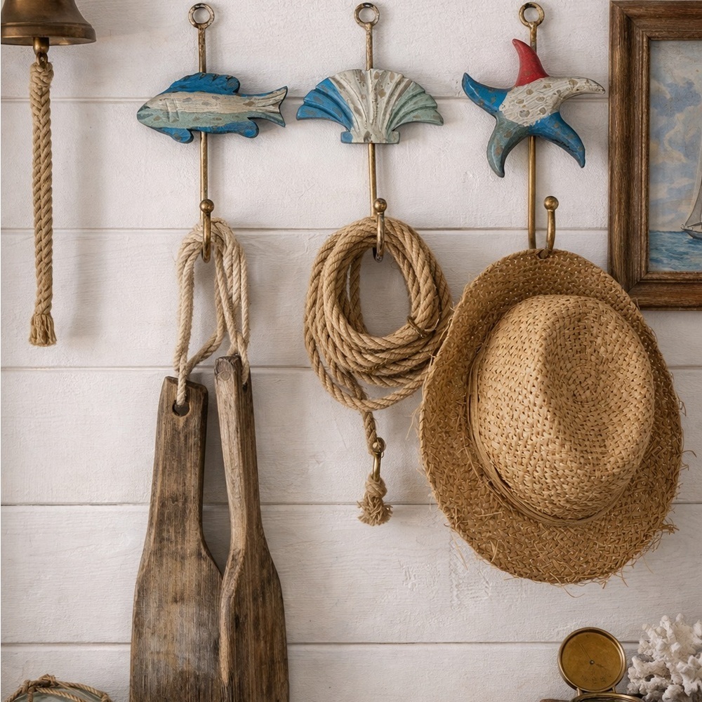Vintage Coastal Fish Shell Starfish Wall Hooks Wood & Metal Nautical Decor